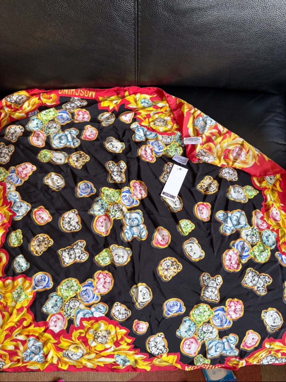 Moschino Black Silk Scarf with Multicolor Teddy Bear and Red-Gold Border